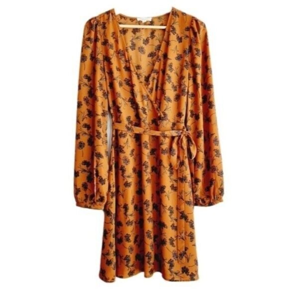 GILLI / Flowy Lightweight Surplice Floral Dress w/ Tie Belt Tan Brown Sz M - Picture 2 of 12